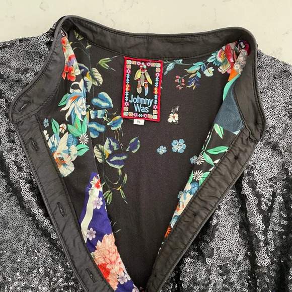 Johnny Was Bohemian Button Down Sequined Jacket Velvet Trim Blk Grey Silv Sz XL - Picture 11 of 14